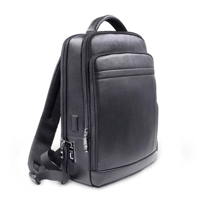 Men's anti-theft leather backpack with secure fingerprint lock, ideal for travel & work.