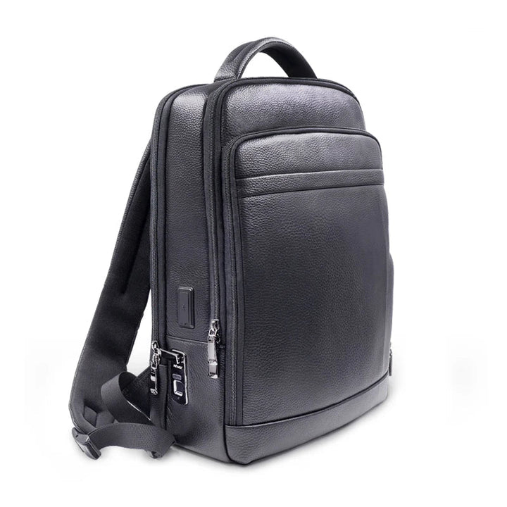 Men's anti-theft leather backpack with secure fingerprint lock, ideal for travel & work.
