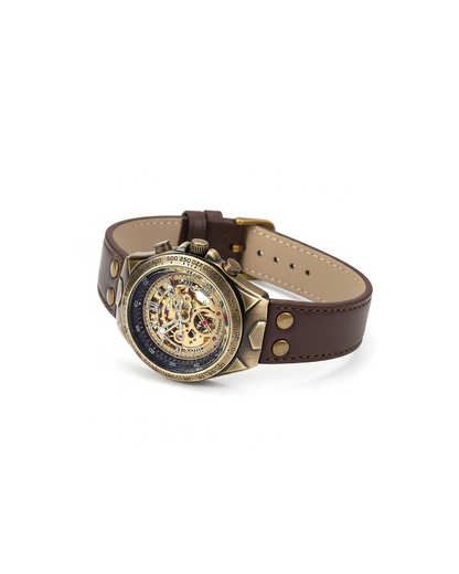 Men's antique gold open skeleton mechanical watch with a vintage style case and black leather band.