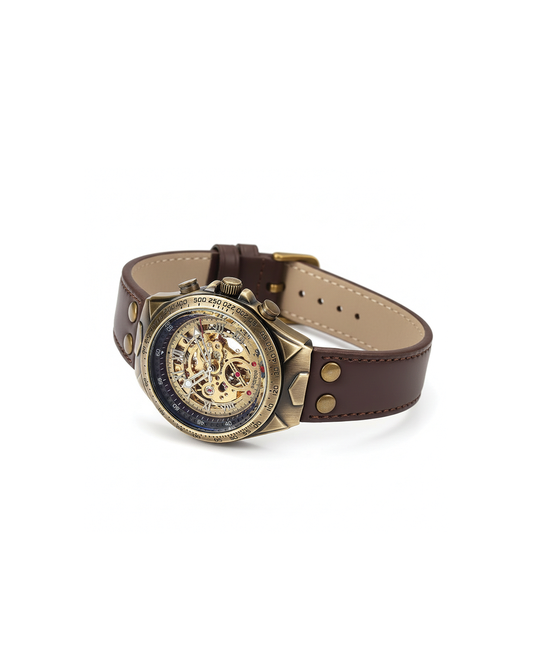 Men's antique gold open skeleton mechanical watch with a vintage style case and black leather band.