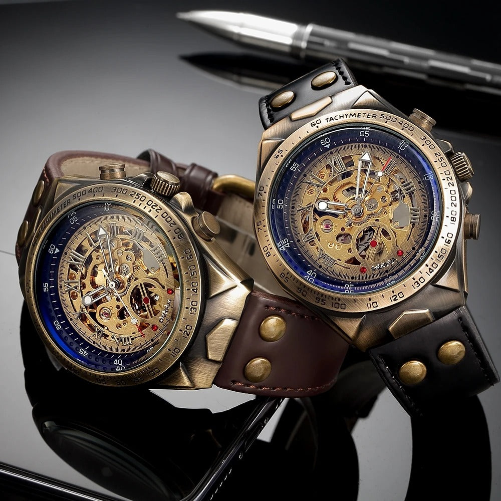 Detailed view of men's open skeleton mechanical watch, vintage appeal, visible hand-wound movement, dark leather band.