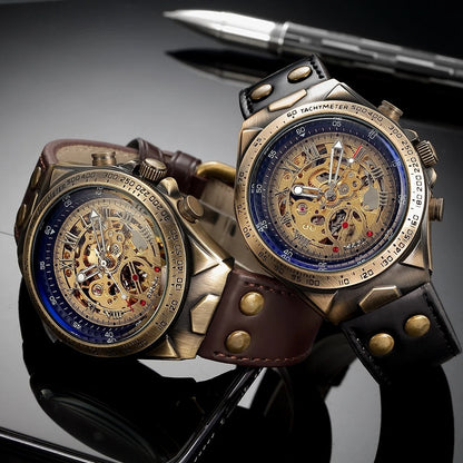 Detailed view of men's open skeleton mechanical watch, vintage appeal, visible hand-wound movement, dark leather band.