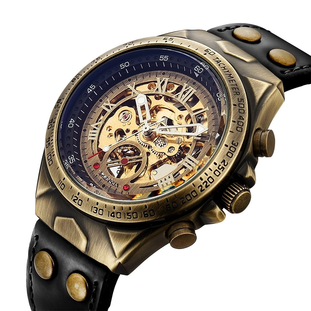 Stylish men's antique gold skeleton watch, exposing intricate mechanical gears, paired with a durable leather band.
