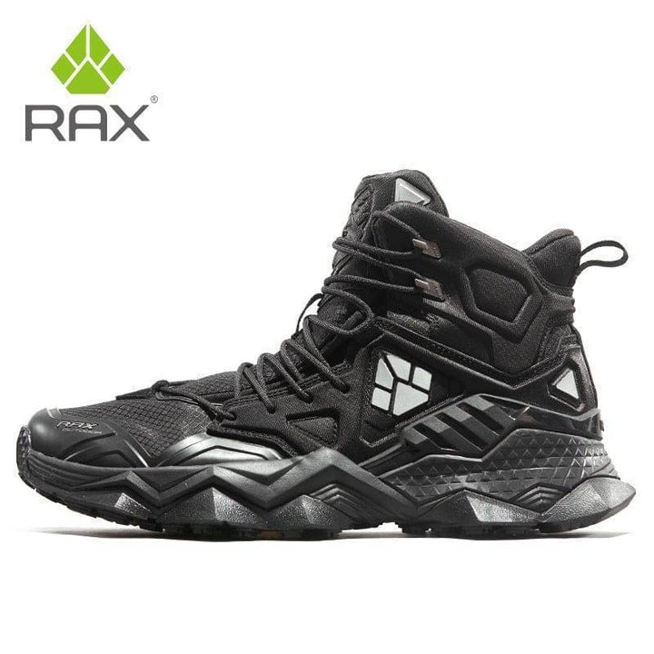 Pair of men's outdoor athletic trekking shoes with antiskid sole, close-up