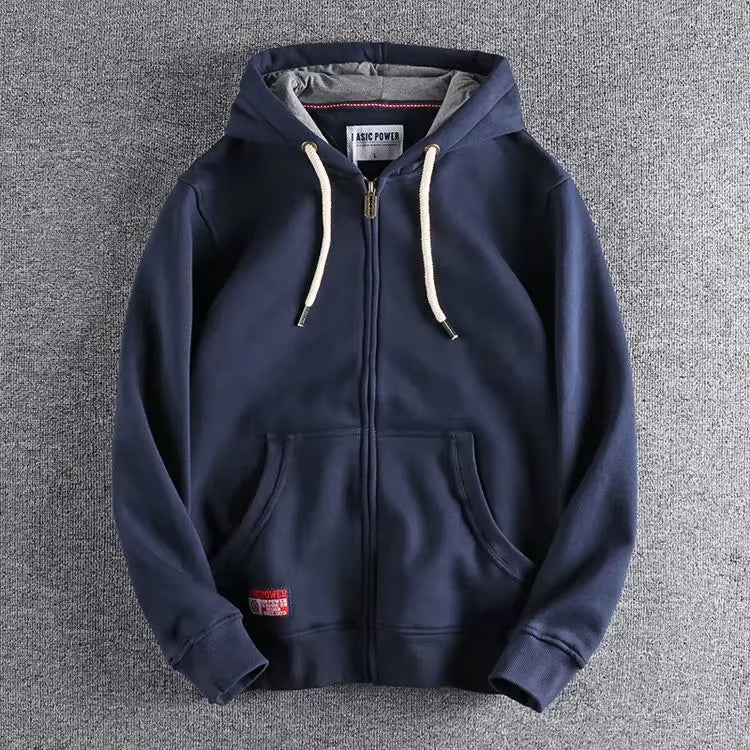 Stylish men's Apex full-zip hoodie, perfect athletic layering piece for casual wear & versatile comfort.