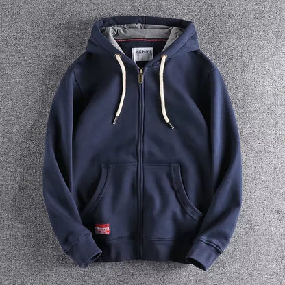 Stylish men's Apex full-zip hoodie, perfect athletic layering piece for casual wear & versatile comfort.