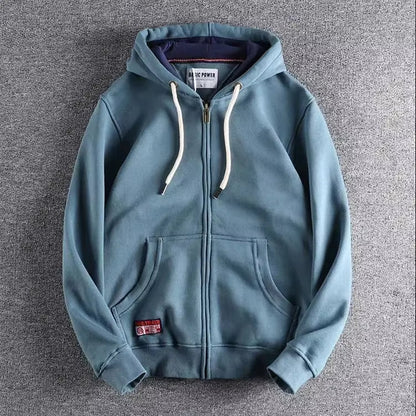 Warm men's Apex hooded sweatshirt with full-zip, offering durable comfort & versatile casual style.