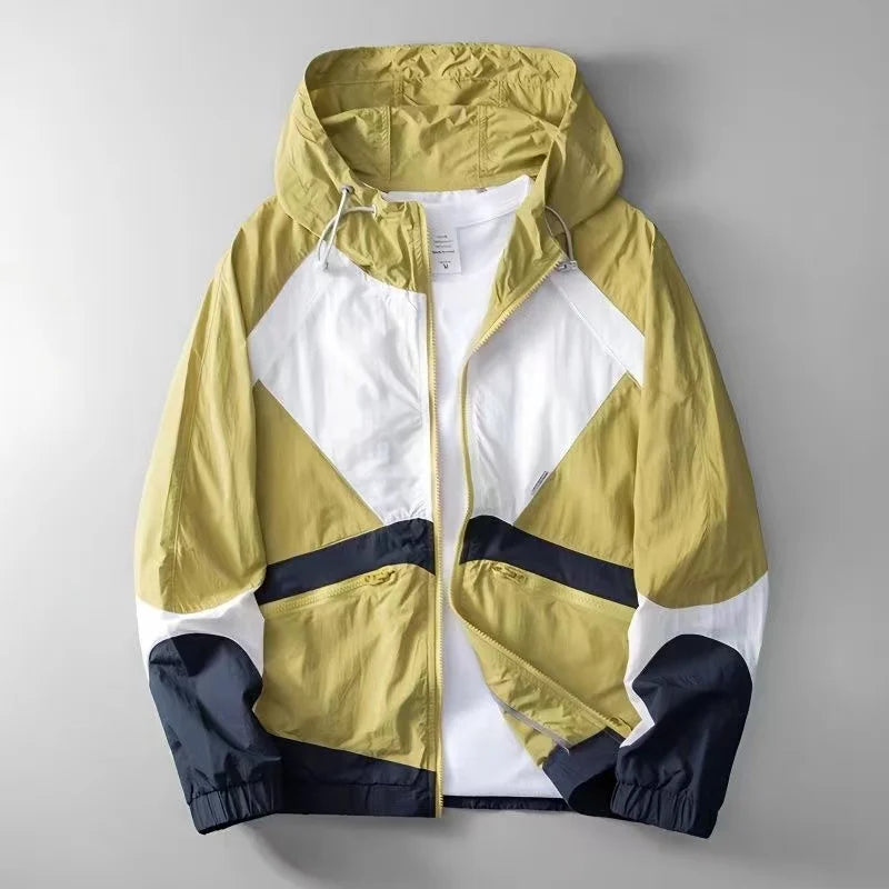 Versatile men's Apex lightweight windbreaker jacket. Colorblock design, perfect for casual, active, or rain protection.