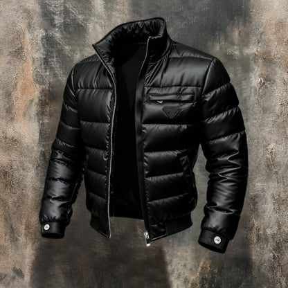 Men's Apex Puffer Jacket in black, offering ultimate winter warmth & style. Insulated for cold weather.