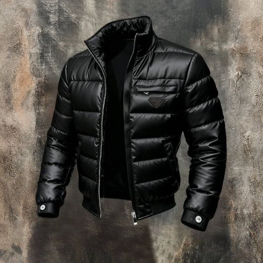 Men's Apex Puffer Jacket in black, offering ultimate winter warmth & style. Insulated for cold weather.