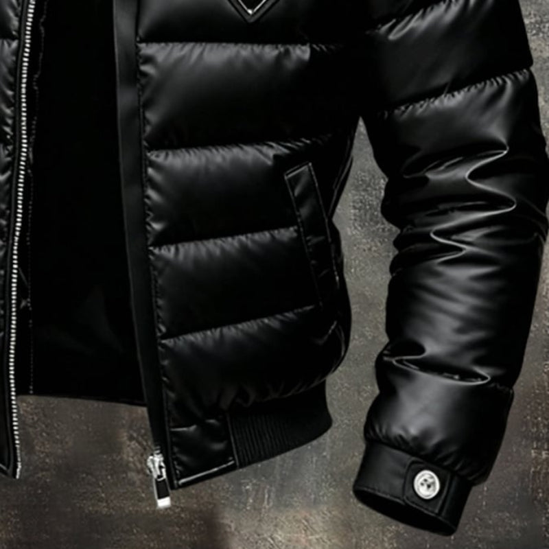 Black men's insulated puffer jacket. Apex design for superior winter warmth & style in cold weather.