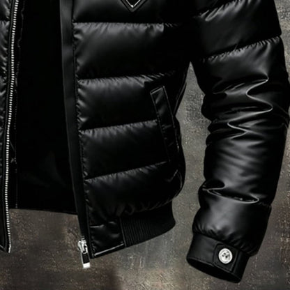 Black men's insulated puffer jacket. Apex design for superior winter warmth & style in cold weather.