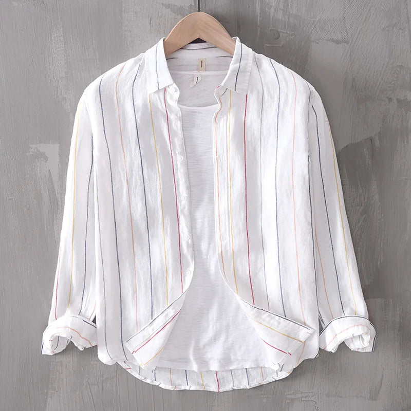 Men's apricot coastal style button-down shirt, perfect for casual summer wear.