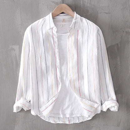 Men's apricot coastal style button-down shirt, perfect for casual summer wear.