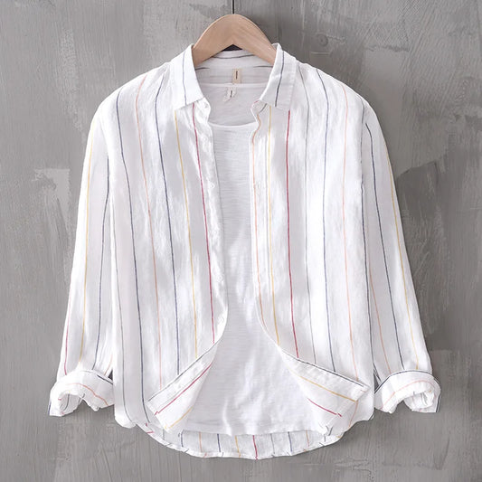 Men's apricot coastal style button-down shirt, perfect for casual summer wear.