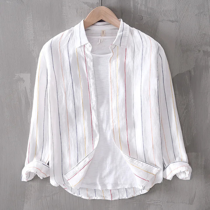 Men's apricot coastal style button-down shirt, perfect for casual summer wear.