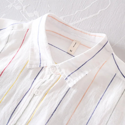 Men's summer wear button-down shirt in apricot, a stylish coastal top.