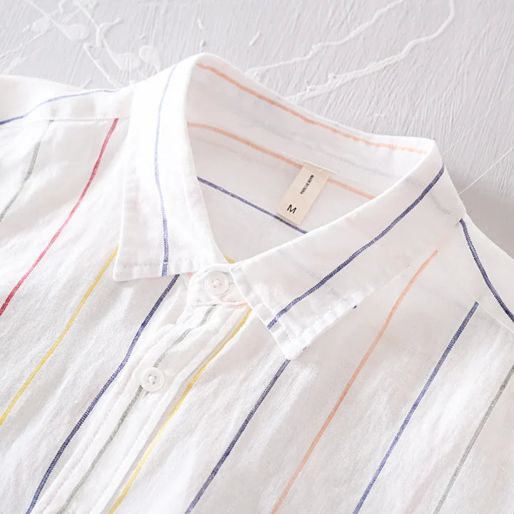 Men's summer wear button-down shirt in apricot, a stylish coastal top.