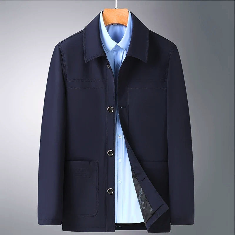 Elegant khaki men's Arlan Ridge all-season jacket. Versatile comfort coat for business casual men's fashion.