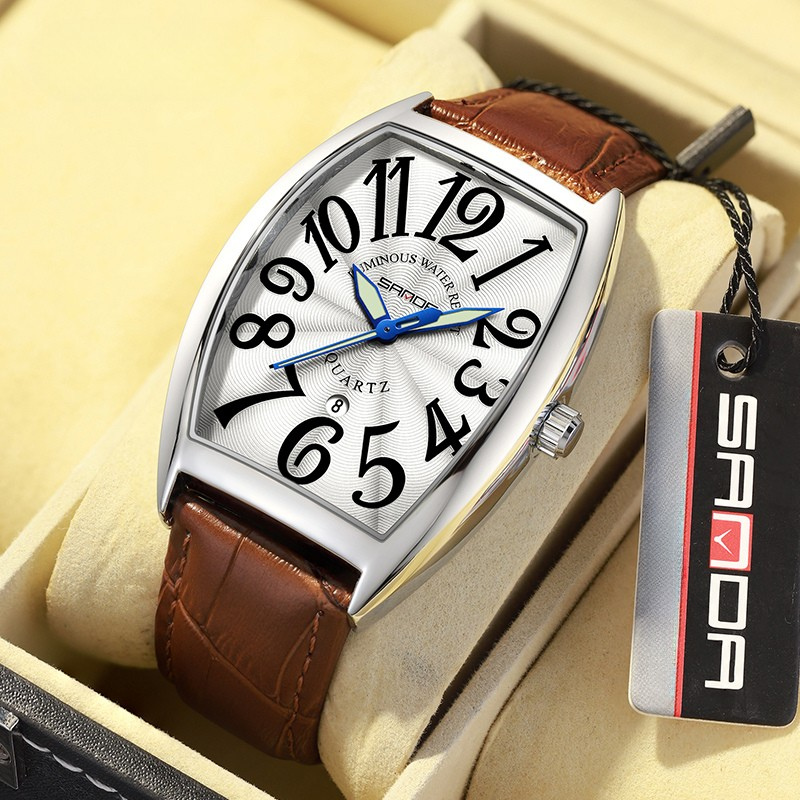 Everyday men's Art Deco tonneau watch, versatile leather strap, vintage charm.
