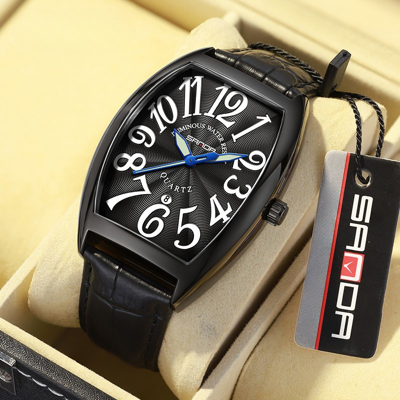 Gift for him: Art Deco tonneau men's watch with elegant leather strap.