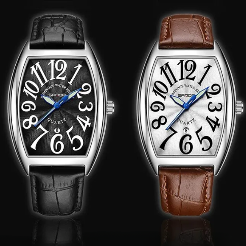 Men's classic Art Deco tonneau watch, vintage style, luxurious leather strap.