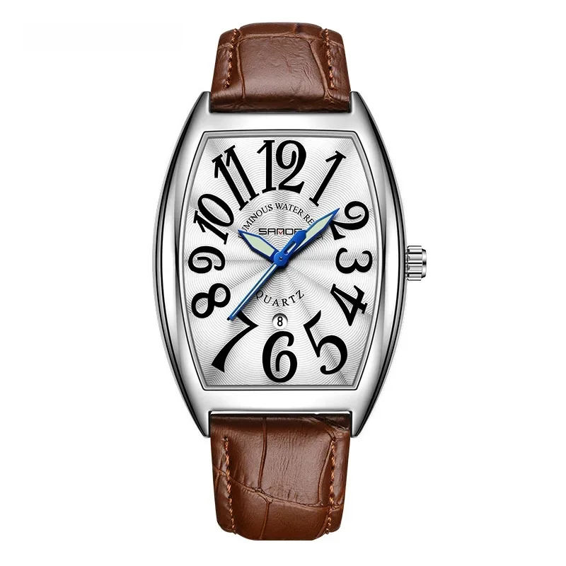 Elegant men's Art Deco tonneau watch, brown leather strap, classic design.