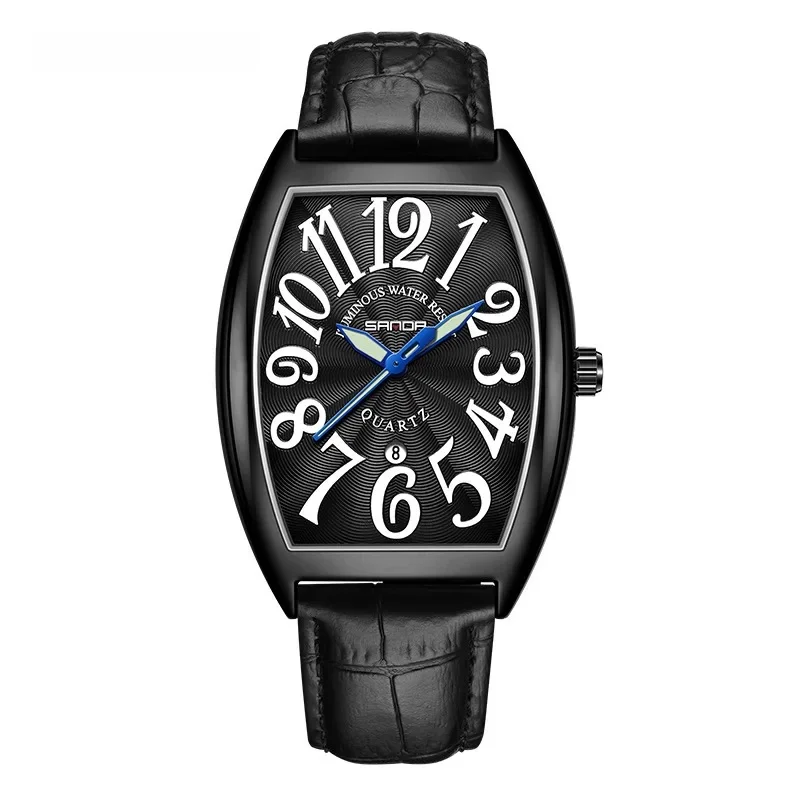 Classic men's tonneau watch, Art Deco aesthetic, genuine leather band, perfect accessory.