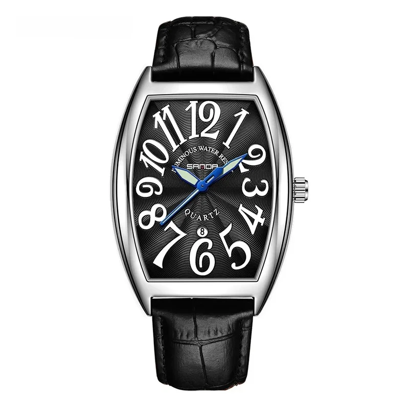 Sophisticated men's accessory: Art Deco tonneau watch with sleek black leather strap.