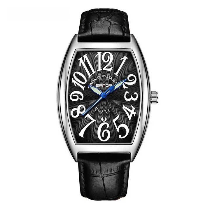 Sophisticated men's accessory: Art Deco tonneau watch with sleek black leather strap.
