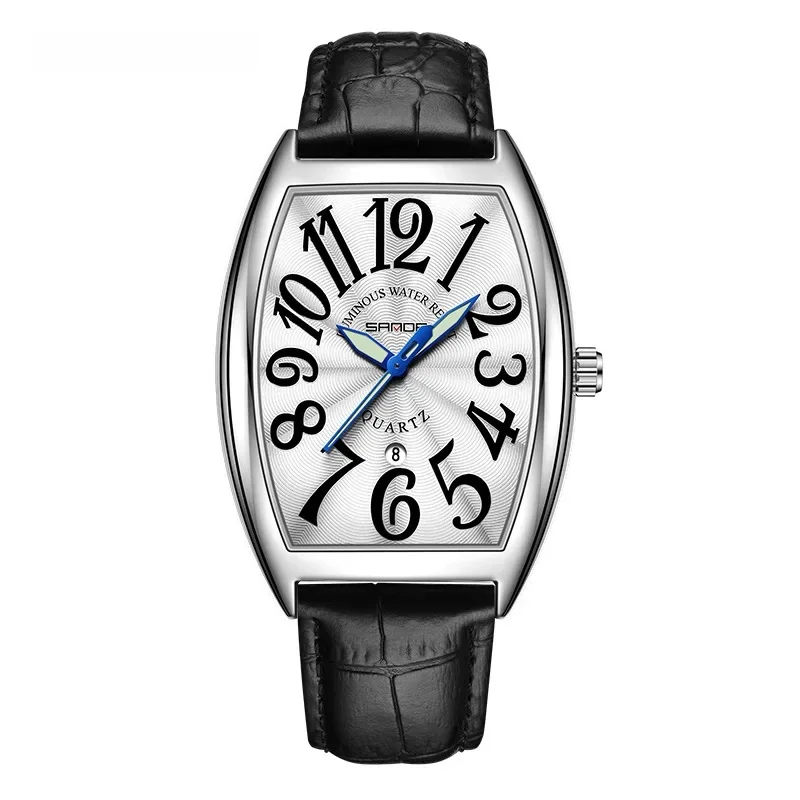 Timeless men's Art Deco watch, tonneau shape, comfortable brown leather strap.