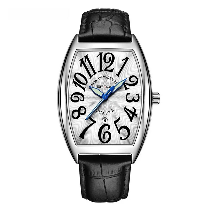 Timeless men's Art Deco watch, tonneau shape, comfortable brown leather strap.
