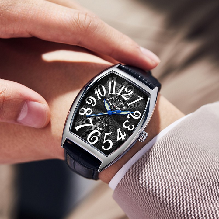 Art Deco inspired men's tonneau watch, elegant dial, quality leather strap.