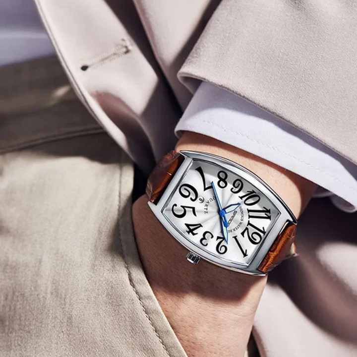 Men's vintage tonneau watch, Art Deco elements, durable leather strap, classic timepiece.