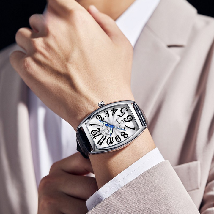 Premium men's Art Deco tonneau watch, classic design, soft leather strap.