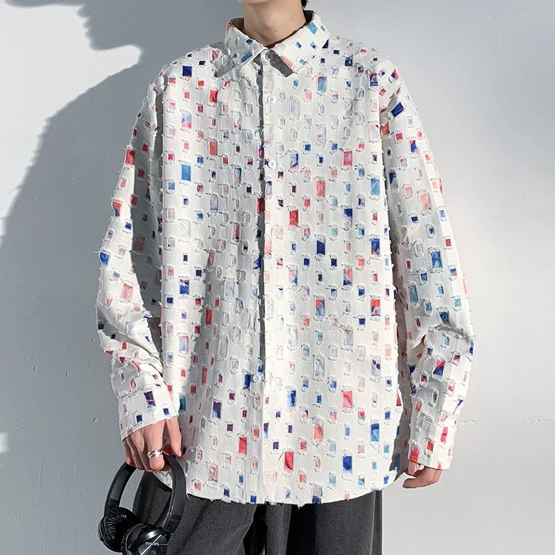 Lightweight men's patterned shirt with a modern, artistic design, great for casual wear & unique style.
