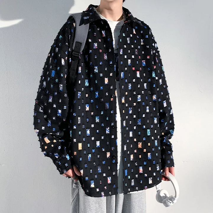 Stylish men's button-up shirt with a vibrant artisan pattern, a true modern fashion statement piece.