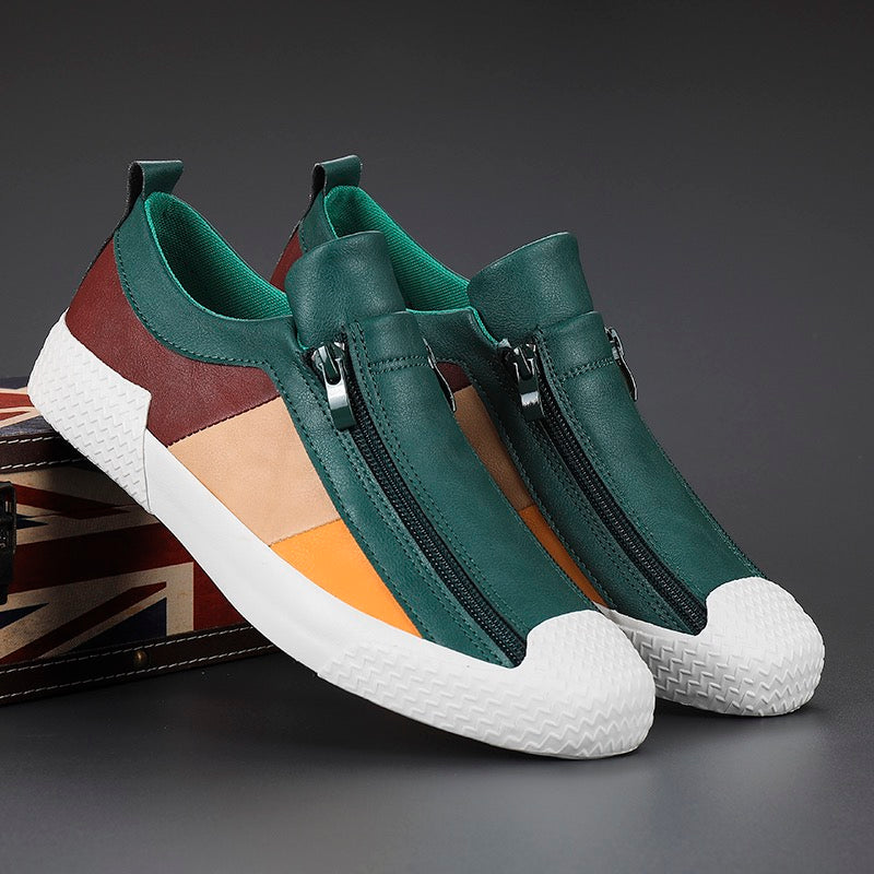 Men's street style sneakers, artistic color block pattern, ultimate comfort.