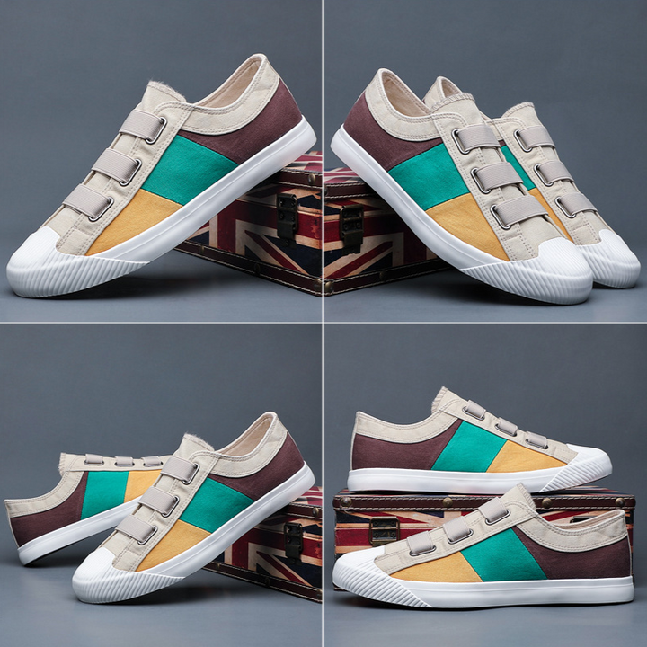 Men's color block casual footwear, impressionist artistic design, great for daily fashion.