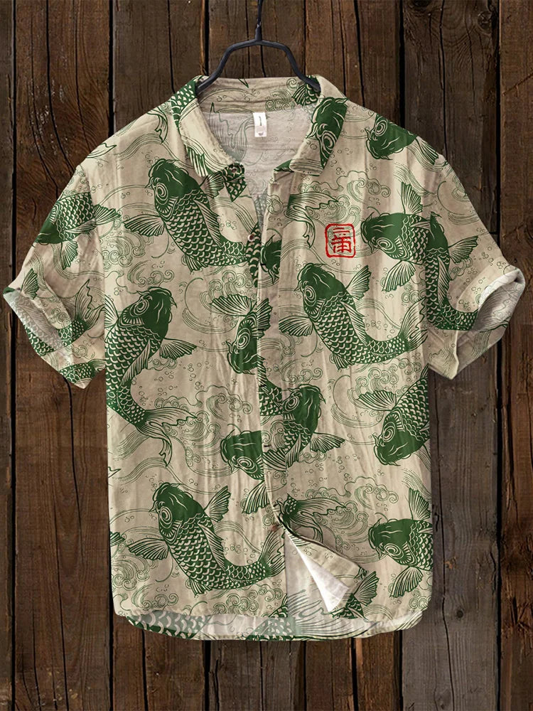 Relaxed fit men's polo with unique artistic print, short sleeve & v-neck.