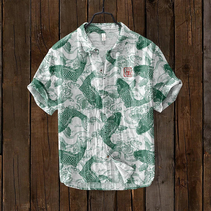 Men's button-up polo shirt with a unique artistic pattern & relaxed fit.