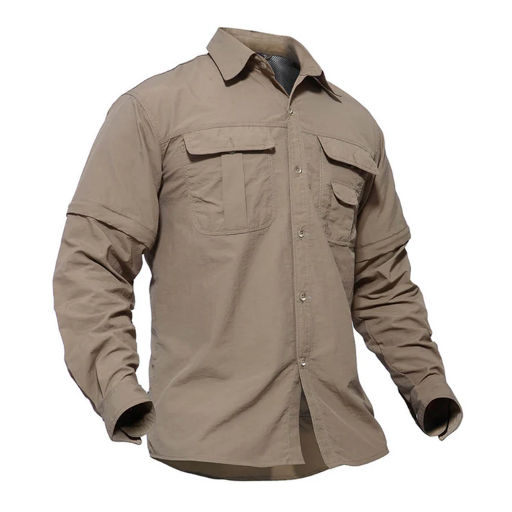 Men's zip-off sleeve convertible hiking shirt for outdoor adventures; quick-dry & sun protection.