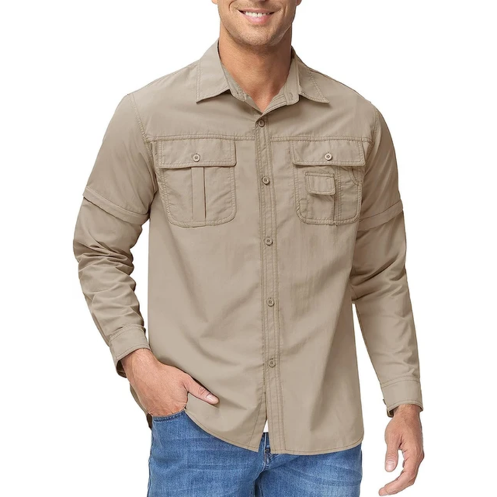 Lightweight men's outdoor shirt, quick-dry fabric, UV protection for sun, perfect for hiking & travel.