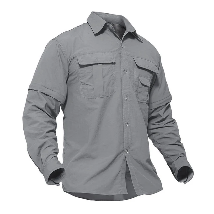 Man wearing Arvo convertible outdoor shirt, perfect for hiking, camping, or travel; quick-dry & UV protection.