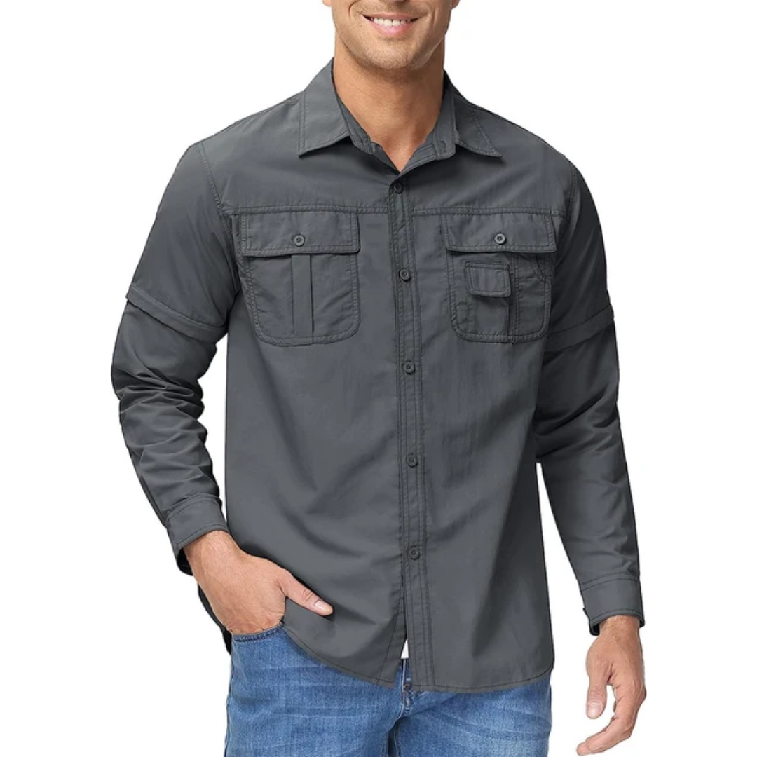 Men's convertible shirt with zip-off sleeves, lightweight & quick-dry, offers UV sun protection for adventures.