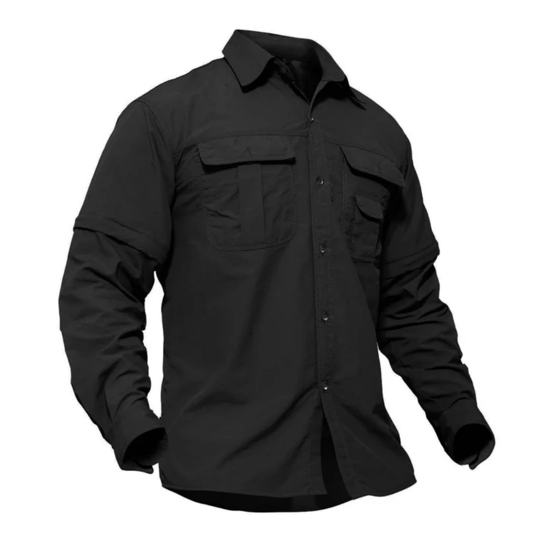 Versatile men's outdoor shirt, convertible sleeves, quick-dry & UV protection for hiking, camping, and travel.