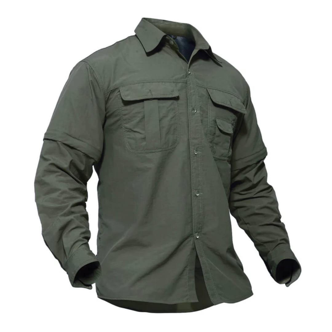 Men's convertible outdoor hiking shirt, quick-dry, UV protection, zip-off sleeves for versatility.
