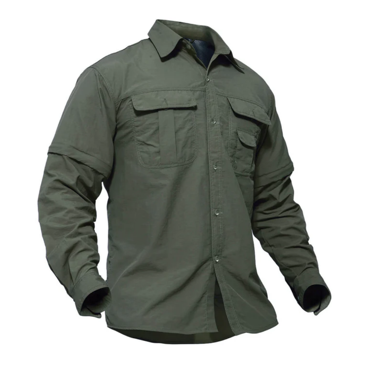 Men's convertible outdoor hiking shirt, quick-dry, UV protection, zip-off sleeves for versatility.
