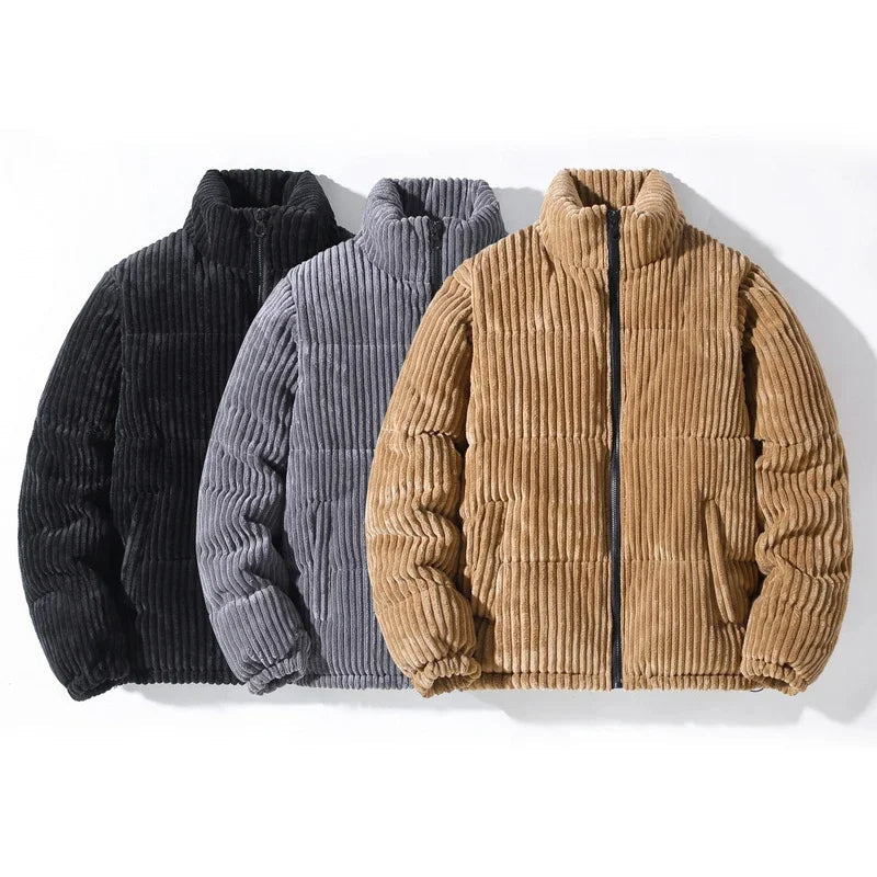 Close-up of men's Atlas Puffer Jacket's quilted design, showcasing warm fabric and quality.