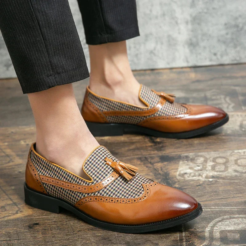 Stylish brown men's Aura loafers, comfortable slip-on shoes ideal for casual or dress wear.